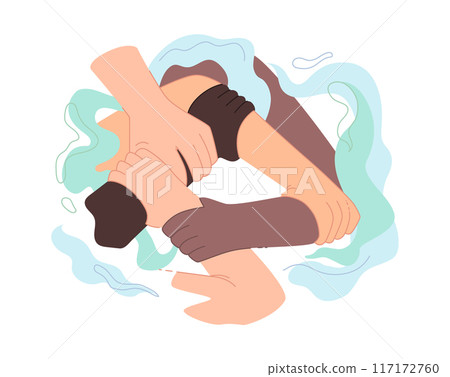 Multicultural hands support each other. lovers meeting, partnership, support, friendship friends hands, agreement, hand in hand flat vector illustration Multicultural hands support each other. lovers meeting, partnership, support, friendship friends hands, agreement, hand in hand flat vector illustration 117172760