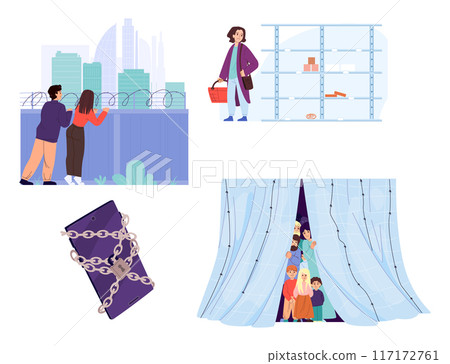 Sanctions vector concept. Country and people with sanctions , symbolizes the prohibition of freedom and restrictions Sanctions vector concept. Country and people with sanctions , symbolizes the prohibition of freedom and restrictions 117172761