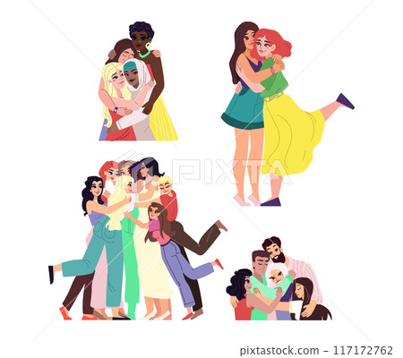 Happy friends hug set. Partners embrace with love, support. Bonding relationship concept. 117172762