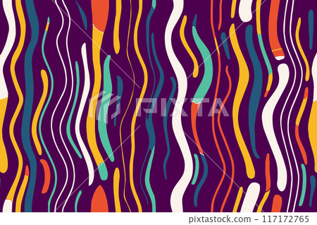 Stripes African seamless pattern. Ethnic tribal handmade seamless cartoon abstract background art. Orange yellow black background vector illustration Stripes African seamless pattern. Ethnic tribal handmade seamless cartoon abstract background art. Orange yellow black background vector illustration 117172765