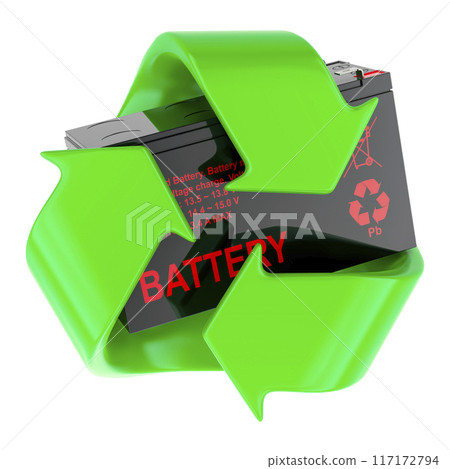 Recycle symbol with sealed UPS battery, 3D rendering Recycle symbol with sealed UPS battery, 3D rendering 117172794