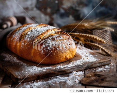 Baked loaf with a golden crust, excellent for illustrating home baking and artisanal food photo 117172825