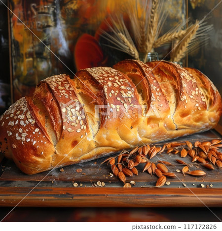 Baked loaf with a golden crust, excellent for illustrating home baking and artisanal food photo 117172826
