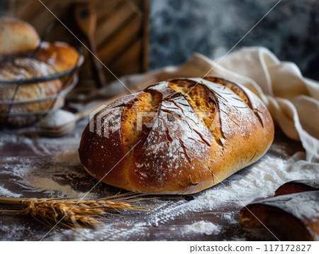 Baked loaf with a golden crust, excellent for illustrating home baking and artisanal food photo 117172827