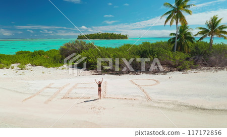 Woman stands on a tropical beach with arms raised, looking out at the ocean. Help is written in the sand beside her. The scene is picturesque, with turquoise waters, palm trees, and fluffy clouds 117172856