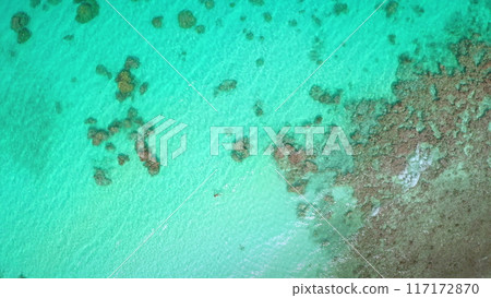 Aerial view turquoise water tropical island in French Polynesia. Crystal clear water coral reefs top down. Beauty of South Pacific ocean. Outdoor lifestyle travel on summer holiday vacation 117172870