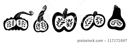 A set of black white pumpkins. Isolated silhouette half pumpkins. A set of black white pumpkins. Isolated silhouette half pumpkins. 117172897