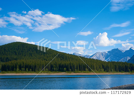 An incredible view of a natural mountain lake on a sunny summer day against the backdrop of the rocky mountains of Alberta in Canada. An incredible view of a natural mountain lake on a sunny summer day against the backdrop of the rocky mountains of Alberta in Canada. 117172929