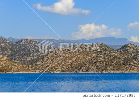 View of the Taurus mountains and the Mediterranean sea near Demre, Antalya province in Turkey 117172985