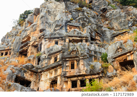 Rock-cut tombs of Lycian necropolis of the ancient city of Myra in Demre, Antalya province in Turkey Rock-cut tombs of Lycian necropolis of the ancient city of Myra in Demre, Antalya province in Turkey 117172989