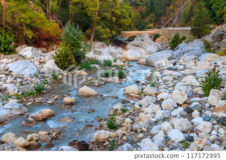 Ancient stone bridge across a mountain river in Kesme Bogaz canyon, Antalya province in Turkey 117172995