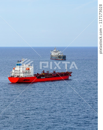 Shipping at sea, two ships moving in different directions, blue sky above horizon, traffic at sea 117173028