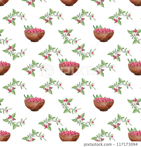 Pattern of raspberries and wooden plate , leaves and green leaves, bee, in watercolor illustration on a white background. Hand drawn pattern for printing on fabric, gift wrapping, desserts, perfumes. Pattern of raspberries and wooden plate , leaves and green leaves, bee, in watercolor illustration on a white background. Hand drawn pattern for printing on fabric, gift wrapping, desserts, perfumes. 117173094