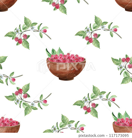 Pattern of raspberries and wooden plate , leaves and green leaves, bee, in watercolor illustration on a white background. Hand drawn pattern for printing on fabric, gift wrapping, desserts, perfumes. Pattern of raspberries and wooden plate , leaves and green leaves, bee, in watercolor illustration on a white background. Hand drawn pattern for printing on fabric, gift wrapping, desserts, perfumes. 117173095