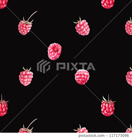 Seamless pattern of red raspberries in watercolor illustration on a black background. Hand drawn raspberries for printing on fabric, gift wrapping, desserts, perfumes. Seamless pattern of red raspberries in watercolor illustration on a black background. Hand drawn raspberries for printing on fabric, gift wrapping, desserts, perfumes. 117173096