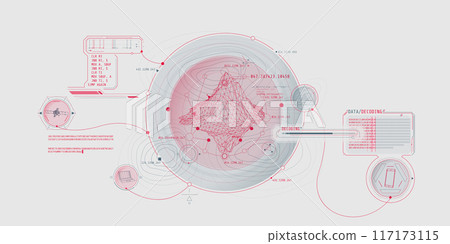 Futuristic geoscience HUD interface design with data decoding. Futuristic geoscience HUD interface design with data decoding. 117173115