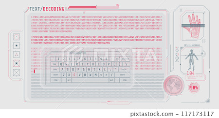 Data entry and text decoding on futuristic interface screen. 117173117