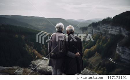 Elderly senior couple hugging while walking or traveling in the mountains, rear view, AI generated 117173191