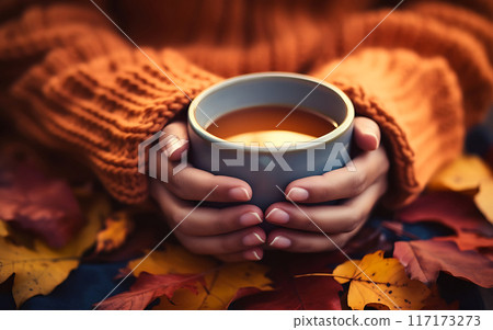 A mug of hot drink in female hands on a background of autumn leaves, top view A mug of hot drink in female hands on a background of autumn leaves, top view 117173273