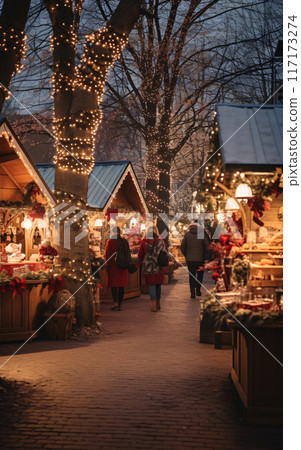 Christmas market and decorations, people doing Christmas and New Year shopping in a festive atmosphere 117173274