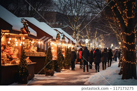 Christmas market and decorations, crowd of people doing Christmas and New Year shopping in a festive atmosphere Christmas market and decorations, crowd of people doing Christmas and New Year shopping in a festive atmosphere 117173275
