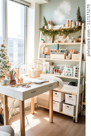 A craft room with a sewing machine, filled with a variety of accessories and supplies for DIY, decorating gifts and sewing 117173279