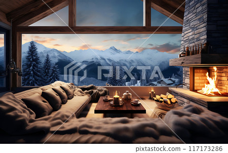 Cozy home with sofa and fireplace, panoramic windows and coffee, winter vibe concept 117173286