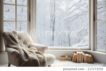 Cozy chalet house interior, sofa and panoramic windows overlooking the winter landscape 117173291