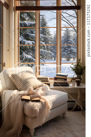 Cozy chalet house interior, sofa and panoramic windows overlooking the winter landscape 117173292