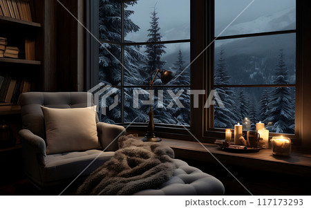 Cozy chalet house interior, sofa and panoramic windows overlooking the winter landscape 117173293