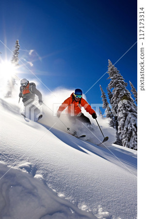 Skier jumping in the snow mountains on the slope with his ski and professional equipment on a sunny day 117173314