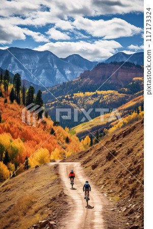 Wellness and sport activity in autumn, Two cyclists riding along an autumn forest road, back view 117173324