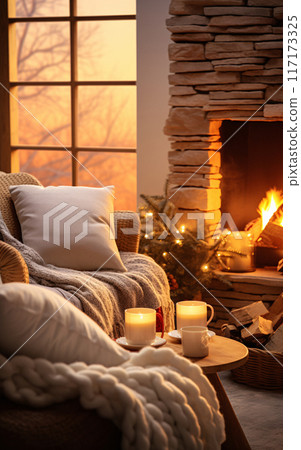 Cozy home with sofa and fireplace, panoramic windows and coffee, autumn vibe concept 117173325