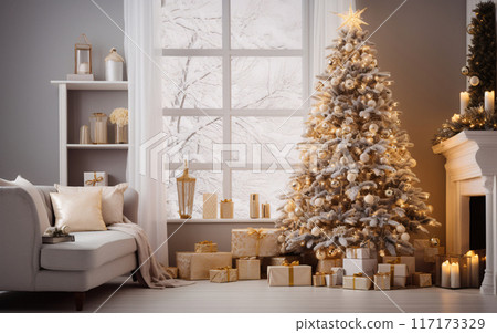 Christmas tree and New Year's gifts in a cozy interior with a sofa and fireplace by the window Christmas tree and New Year's gifts in a cozy interior with a sofa and fireplace by the window 117173329