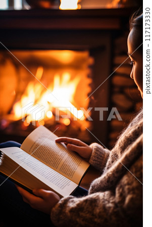 Woman reading a book by the fireplace in a cozy warm home close up, autumn vibe concept Woman reading a book by the fireplace in a cozy warm home close up, autumn vibe concept 117173330