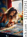 Female Artist Immersed in Vibrant Artwork 117173341