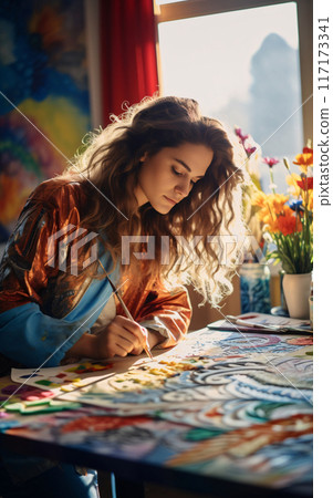 Female Artist Immersed in Vibrant Artwork 117173341