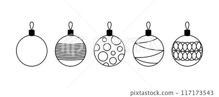 Simple Christmas decorations set. Black Xmas balls with various ornaments. Vector illustration of round festive decor. Outline design elements Simple Christmas decorations set. Black Xmas balls with various ornaments. Vector illustration of round festive decor. Outline design elements 117173543