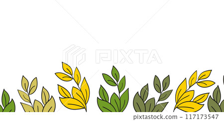 Floral frame with colorful exotic branches on white background. Ornate border with tropic leaves. Vector stock illustration for wallpaper, posters, card. Doodle style. Copy space 117173547