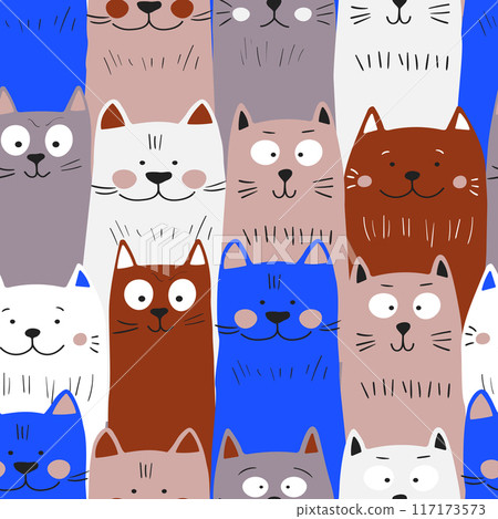 Seamless pattern with cute kitten print. Different scandy cats on color background. Scandinavian style illustration for kids. Vector illustration for fabric, textile, wallpaper, home clothing, pajama 117173573