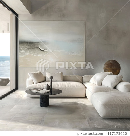 iving room with a blend of industrial textures and cozy furniture, suitable for promoting elegant and contemporary interiors 117173620