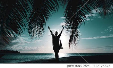 Woman walking on night tropical beach. Silhouette of slim girl under the palm coconut tree raise hands up. Bright sky with sun rays reflected in water. Blue filter toning. Slow . Travel, tourism 117173876