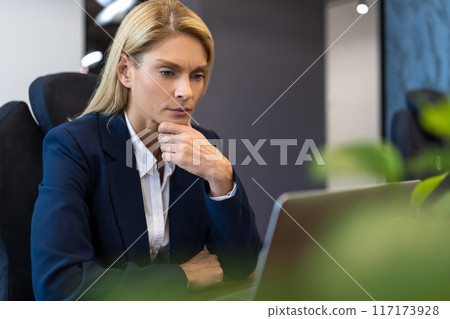 Blonde serious businesswoman entrepreneur in office using laptop Blonde serious businesswoman entrepreneur in office using laptop 117173928