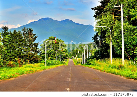 Scenery of Mount Daisetsu and a straight road in Hokkaido Scenery of Mount Daisetsu and a straight road in Hokkaido 117173972
