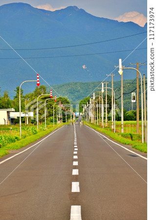Scenery of Mount Daisetsu and a straight road in Hokkaido 117173974