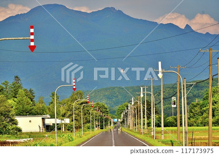 Scenery of Mount Daisetsu and a straight road in Hokkaido 117173975