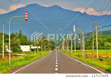 Scenery of Mount Daisetsu and a straight road in Hokkaido 117173976