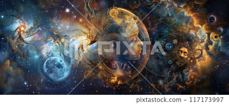 Astrological signs in space, abstract vintage Zodiac symbols and planets, stars and sky. Concept of astrology, horoscope, background 117173997