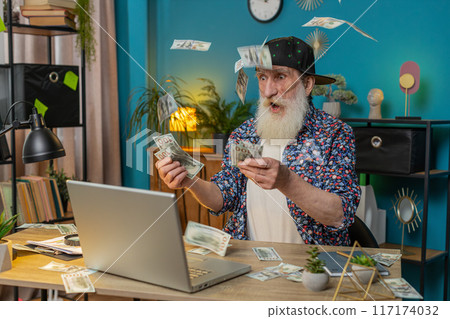 Money cash dollar falling on senior man with laptop celebrating success winning goal achievement 117174032