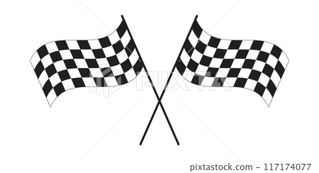 Crossed waving race flags with checkered print. Start or finish symbols on sport car competitions. Rally or motocross props isolated on white background. Victory symbol. Vector flat illustration Crossed waving race flags with checkered print. Start or finish symbols on sport car competitions. Rally or motocross props isolated on white background. Victory symbol. Vector flat illustration 117174077